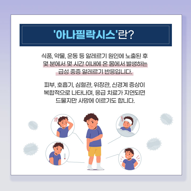 ﻿'아나필락시스'란? 식품, 약물, 운동 등 알레르기 원인에 노출된 후 몇 분에서 몇 시간 이내에 온 몸에서 발생하는 급성 중증 알레르기 반응입니다. 피부, 호흡기, 심혈관, 위장관, 신경계 증상이 복합적으로 나타나며, 응급 치료가 지연되면 드물지만 사망에 이르기도 합니다.