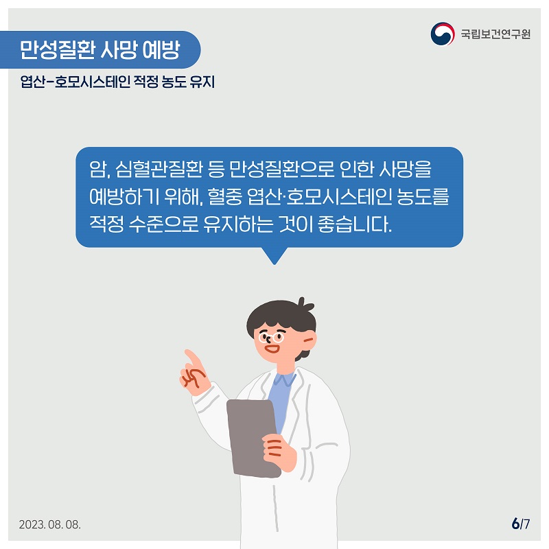 국립보건연구원 / 만성질환 사망 예방 엽산-호모시스테인 적정 농도 유지 / 암, 심혈관질환 등 만성질환으로 인한 사망을 예방하기 위해, 혈중 엽산·호모시스테인 농도를 적정 수준으로 유지하는 것이 좋습니다. 2023.08.08. 6/7