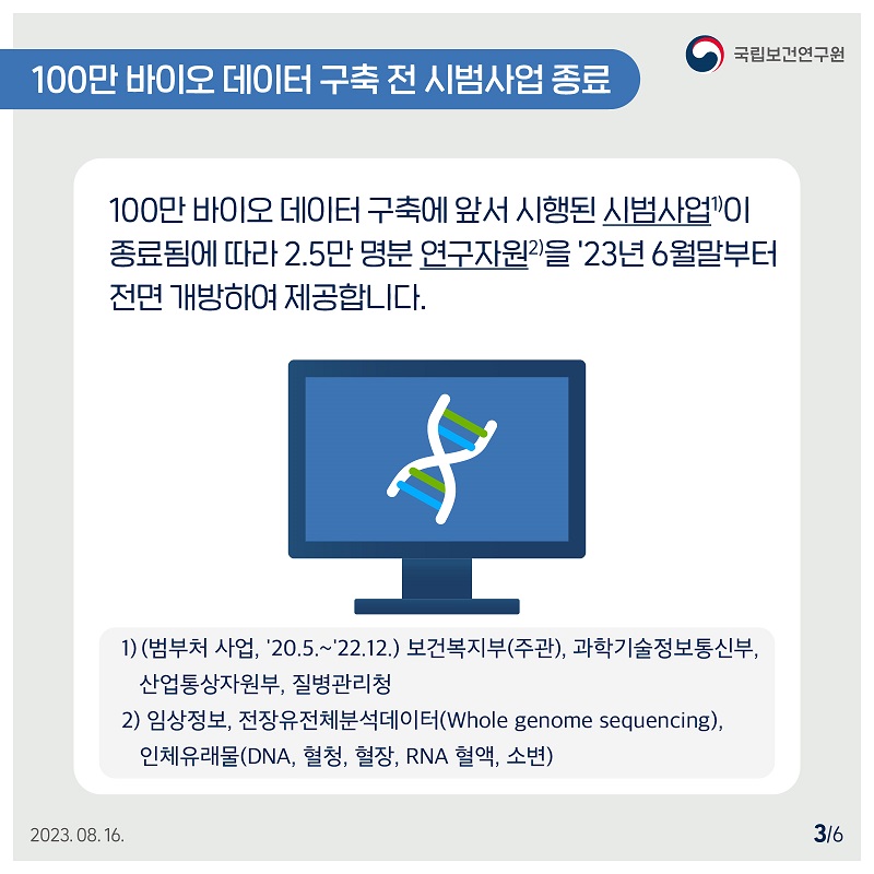 국립보건연구원 / 100만 바이오 데이터 구축 전 시범사업 종료 / 100만 바이오 데이터 구축에 앞서 시행된 시범사업