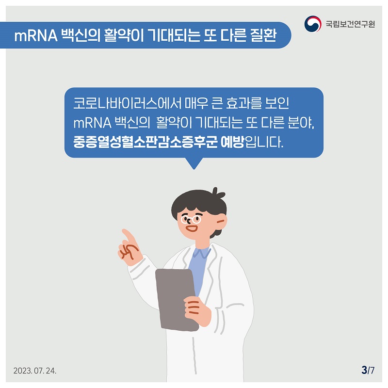 국립보건연구원 / mRNA 백신의 활약이 기대되는 또 다른 질환 / 코로나바이러스에서 매우 큰 효과를 보인 mRNA 백신의 활약이 기대되는 또 다른 분야, 중증열성혈소판감소증후군 예방입니다. 2023.07.24. 3/7