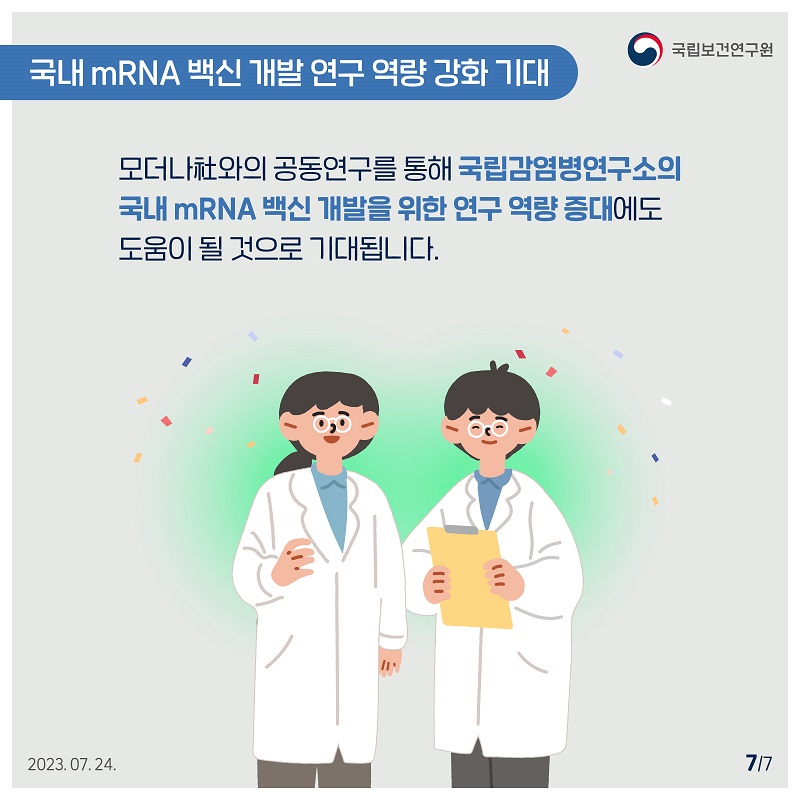 국립보건연구원 / 국내 mRNA 백신 개발 연구 역량 강화 기대 / 모더나와의 공동연구를 통해 국립감염병연구소의 국내 mRNA 백신 개발을 위한 연구 역량 증대에도
도움이 될 것으로 기대됩니다. 2023.07.24. 7/7