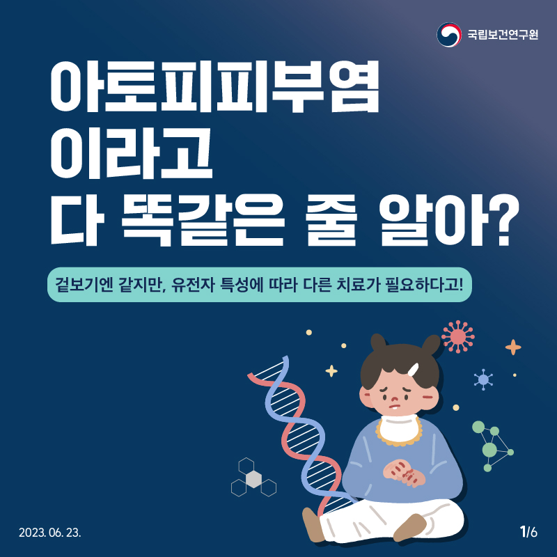 국립보건연구원 / 아토피피부염 이라고 다 똑같은 줄 알아? 겉보기엔 같지만, 유전자 특성에 따라 다른 치료가 필요하다고! 2023. 06. 23. 1/6