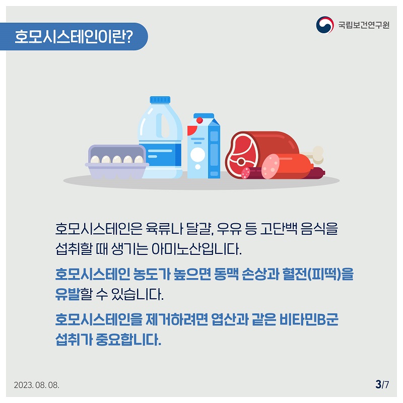 국립보건연구원 / 호모시스테인이란? / 호모시스테인은 육류나 달걀, 우유 등 고단백 음식을 섭취할 때 생기는 아미노산입니다. 호모시스테인 농도가 높으면 동맥 손상과 혈전(피떡)을 유발할 수 있습니다. 호모시스테인을 제거하려면 엽산과 같은 비타민B군 섭취가 중요합니다. 2023.08.08. 3/7
