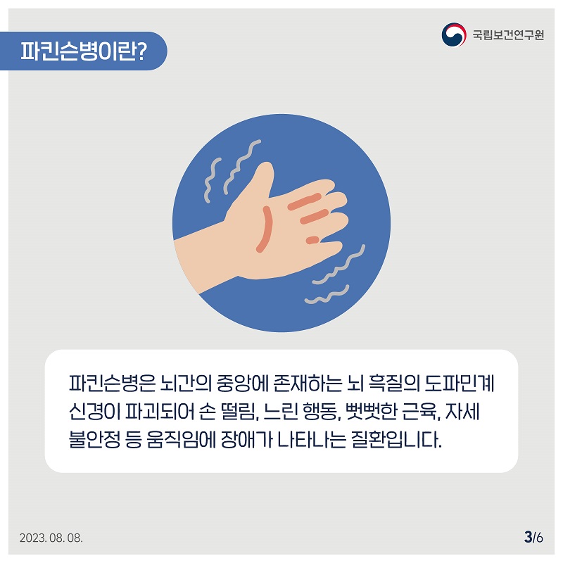 국립보건연구원 / 파킨슨병이란? 파킨슨병은 뇌간의 중앙에 존재하는 뇌 흑질의 도파민계 신경이 파괴되어 손 떨림, 느린 행동, 뻣뻣한 근육, 자세 불안정 등 움직임에 장애가 나타나는 질환입니다. 2023.08.08. 3/6