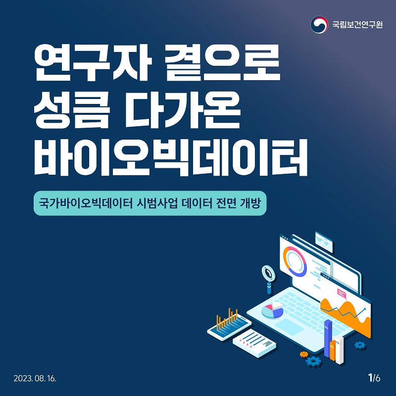 국립보건연구원 / 연구자 곁으로 성큼 다가온 바이오빅데이터 국가바이오빅데이터 시범사업 데이터 전면 개방 2023.08.16. 1/6﻿