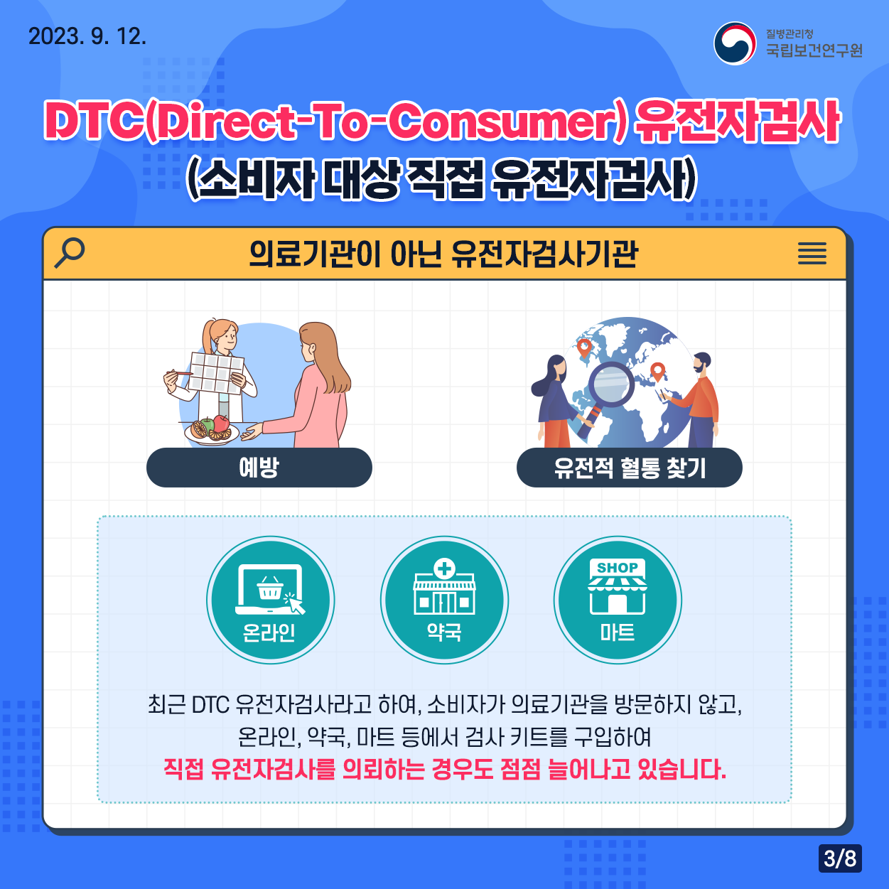 2023.9. 12. / 질병관리청 국립보건연구원 / DTC(Direct-To-Consumer) 유전자검사 (소비자 대상 직접 유전자검사) 의료기관이 아닌 유전자검사기관 예방 유전적 혈통 찾기 / 온라인, 약국, 마트 최근 DTC 유전자검사라고 하여, 소비자가 의료기관을 방문하지 않고, 온라인, 약국, 마트 등에서 검사 키트를 구입하여 직접 유전자검사를 의뢰하는 경우도 점점 늘어나고 있습니다. 3/8