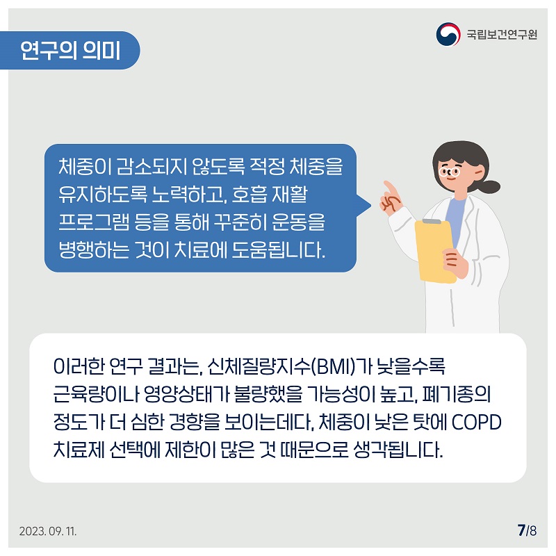 국립보건연구원 / ﻿﻿연구의 의미 / 체중이 감소되지 않도록 적정 체중을 유지하도록 노력하고, 호흡재활 프로그램 등을 통해 꾸준히 운동을 병행하는 것이 치료에 도움됩니다. 이러한 연구결과는, 신체질량지수(BMI)가 낮을수록 근육량이나 영양상태가 불량했을 가능성이 높고, 폐기종의 정도가 더 심한 경향을 보이는데다, 체중이 낮은 탓에 COPD 치료제 선택에 제한이 많은 것 때문으로 생각됩니다. 2023.09.11. 7/8