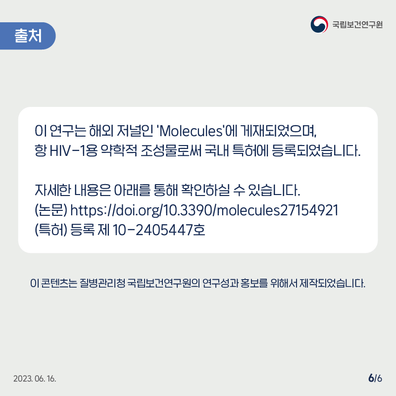 국립보건연구원 / 출처 / 이 연구는 해외 저녈인 'Molecules'에 게재되었으며, 항 HIV-1용 약학적 조성물로써 국내 특허에 등록되었습니다. 자세한 내용은 아래를 통해 확인하실 수 있습니다. (논문) https://doi.org/10.3390/molecules27154921 (특허) 등록 제 10-2405447호 / 이 콘텐츠는 질병관리청 국립보건연구원의 연구성과 홍보를 위해서 제작되었습니다. 2023. 06. 16. 6/6