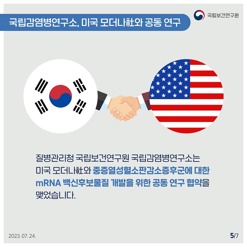 국립보건연구원 / 국립감염병연구소, 미국 모더나와 공동 연구 / 질병관리청 국립보건연구원 국립감염병연구소는 미국 모더나와 중증열성혈소판감소증후군에 대한 mRNA 백신후보물질 개발을 위한 공동연구협약을 맺었습니다. 2023.07.24. 5/7