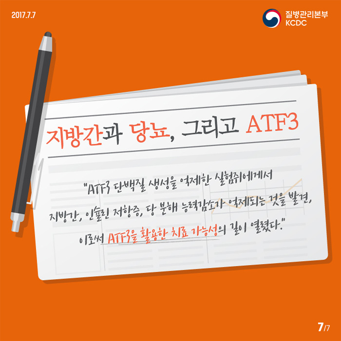 지방간과 당뇨 그리고 ATF3 ATF3 단백질 생성을 억제한 실험쥐에게서 지방간, 인슐린저항증, 당분해능력감소가 억제되는것을 발견, 이로써 ATF3을 활용한 치료 가능성의 길이 열렸다.