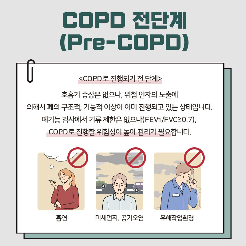 ﻿COPD 전단계 (Pre-COPD) / <COPD로 진행되기 전 단계> 호흡기 증상은 없으나, 위험 인자의 노출에 의해서 폐의 구조적, 기능적 이상이 이미 진행되고 있는 상태입니다. 폐기능 검사에서 기류 제한은 없으나(FEV1/FVC≥0.7), COPD로 진행할 위험성이 높아 관리가 필요합니다. 흡연, 미세먼지, 공기오염 유해작업환경