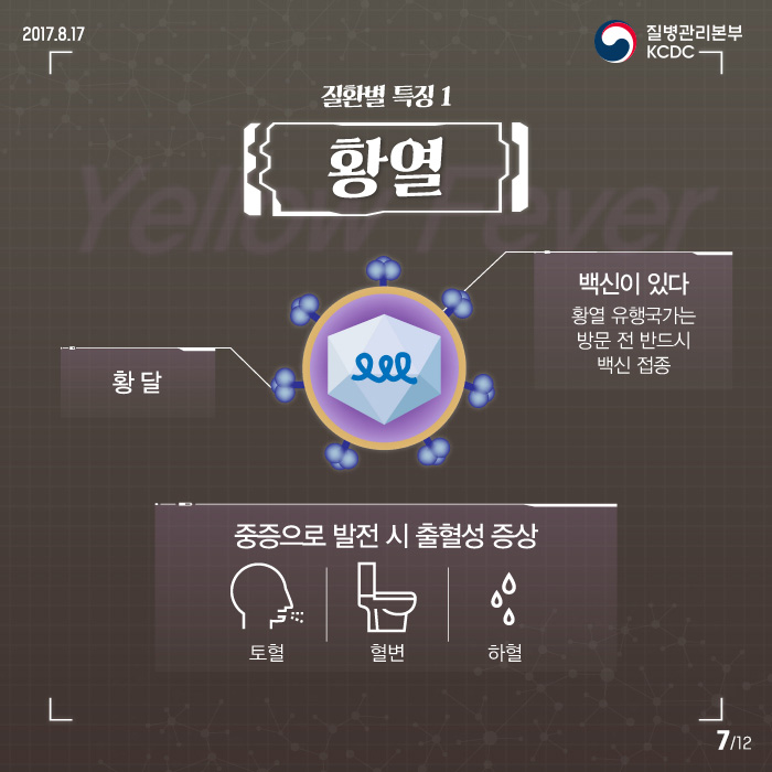 질환별 특징1 황열 황달 백신이 있다(황열 유행국가는 방문전 반드시 백신접종) 중증으로 발전시 출혈성 증상 토혈 혈변 하혈