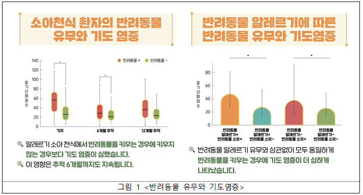 소아천식 환자의 반려동물 유무 및 반려동물 알레르기 여부에 따른 기도 염증 정도를 비교한 그래프 이
미지로,
반려동물을 키우는 소아천식 환자는 키우지 않는 경우보다 기도 염증이 심하고 이러한 영향이 6개월,
12개월 추적에서도 지속되며, 반려동물 알레르기 유무와 상관없이 반려동물을 키우는 경우에 기도 염
증이 더 심하게 나타난다는 내용을 보여 주는 그림.
