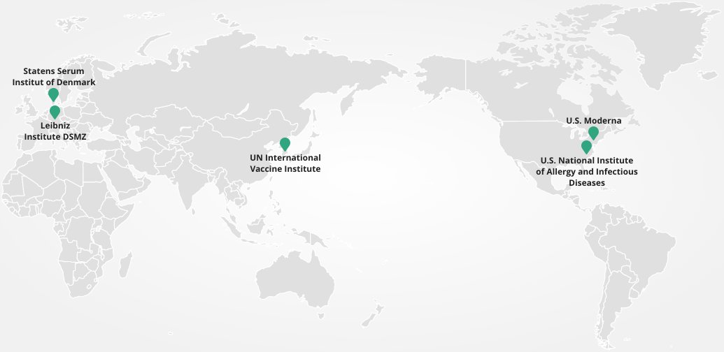 Statens Serum Institut of Denmark, U.S. National Institute of Allergy and Infectious Diseases, U.S. Moderna, UN International Vaccine Institute, Leibniz Institute DSMZ