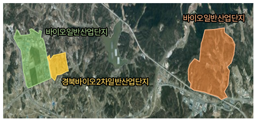 안동 바이오 산업단지 위치 정보 제공 가장 좌측 바이오일반산업단지 우측에 경북 바이오 2차일반산업단지 가장 우측에 바이오일반산업단지